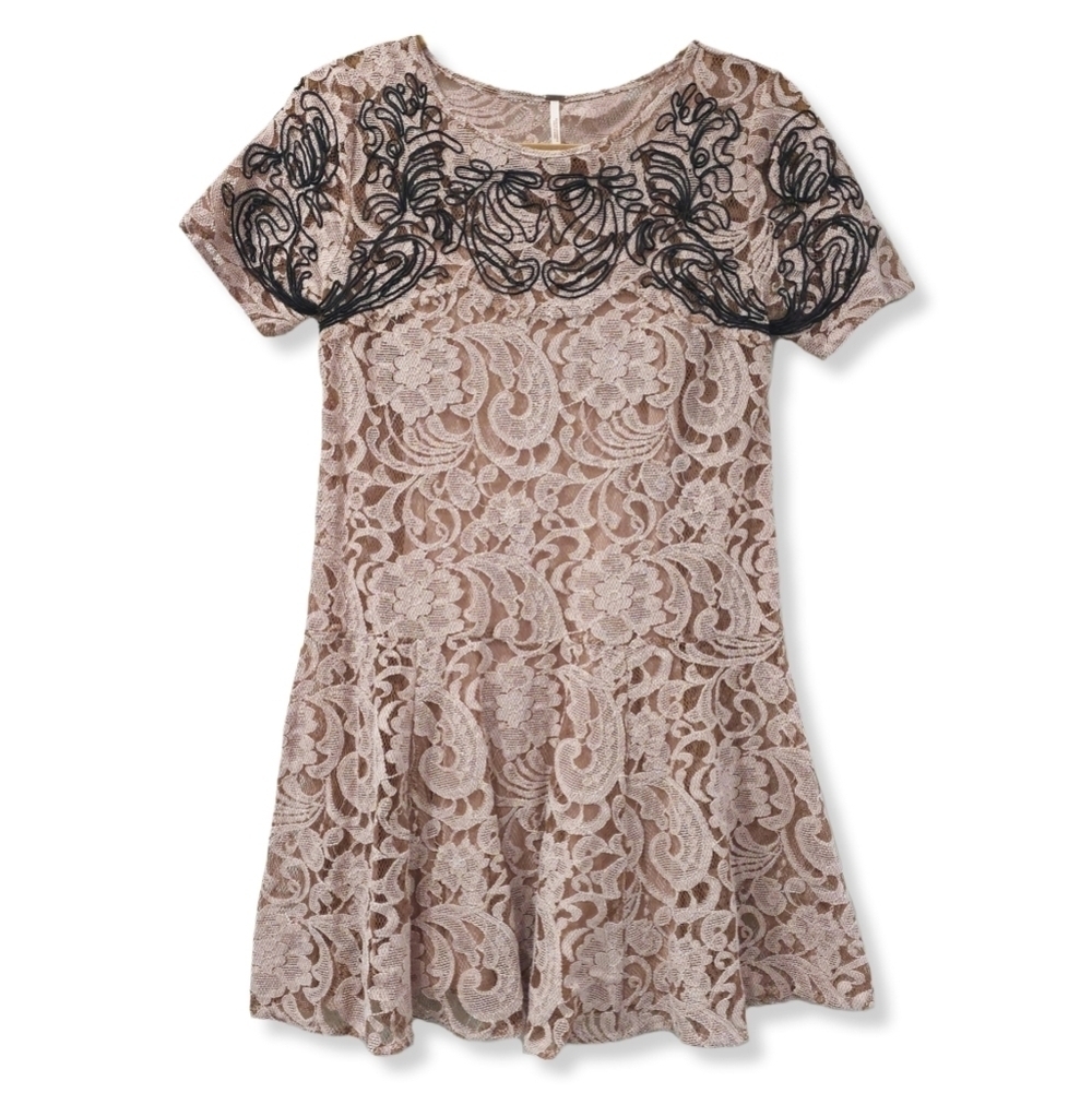 FREE PEOPLE Beautiful Dreamer Blush Black Embroidery Mini Lace Holiday Dress, XS